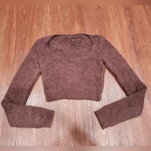 Skims Teddy Cropped Long Sleeve Shirt Fuzzy Cozy Scoop Neck